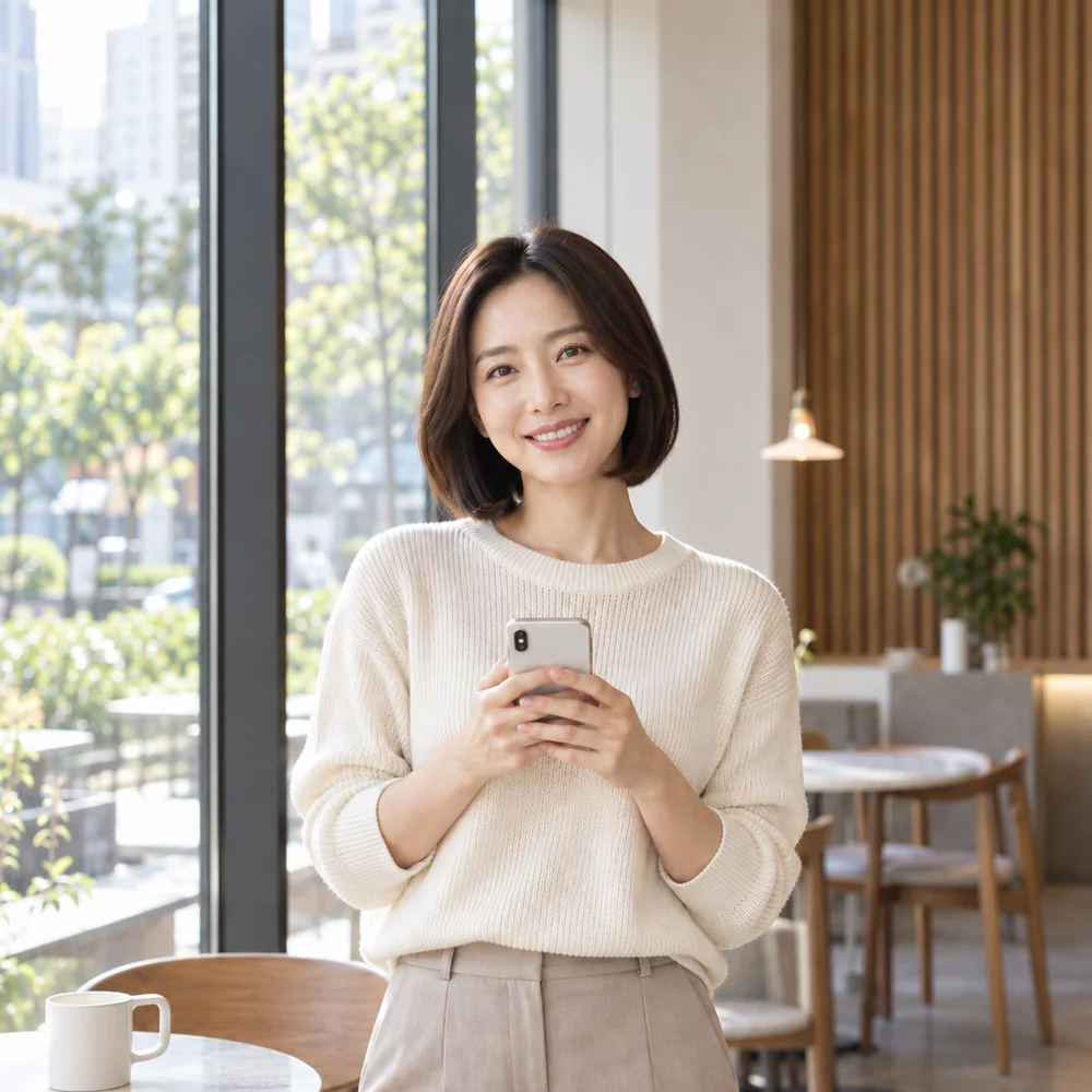 밝은 실내에서 휴대전화를 보며 웃는 고객